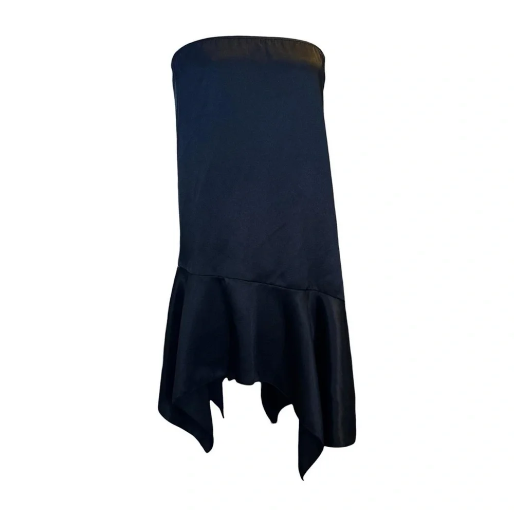 Black satin midi skirt with asymmetrical hem and flared design - Picture 2 of 4